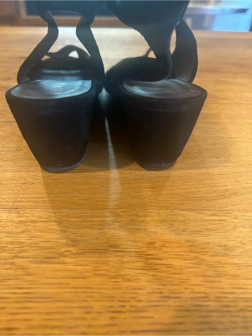 Vaneli Black Suede Peep-Toe Wedge Sandals with Ankle Strap
